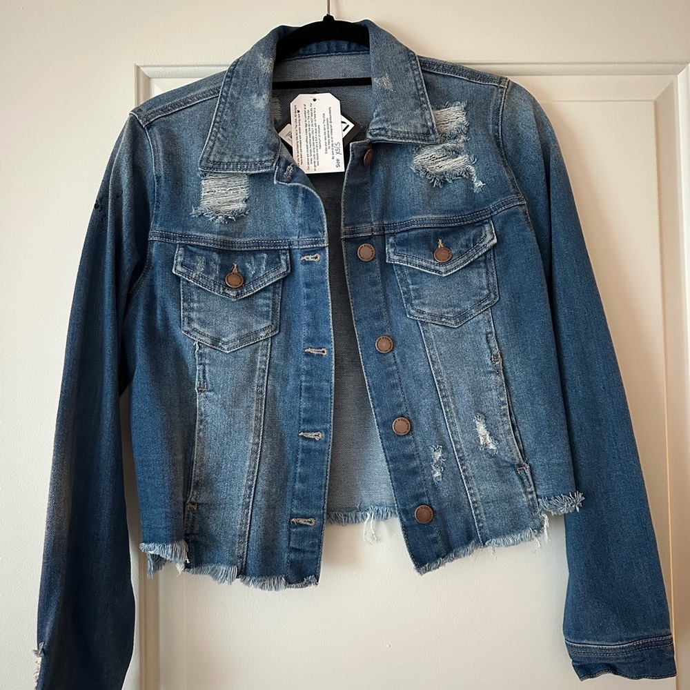 Blue Distressed Jean Jacket Cropped Style